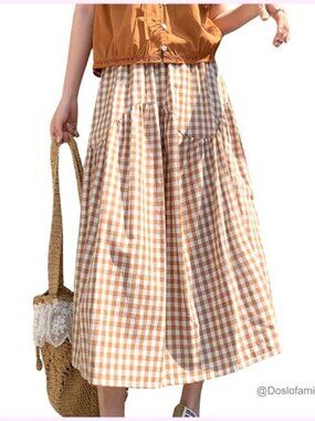 High Waist Cotton Midi Skirt Elastic Waist Flowy Swing A Line Casual